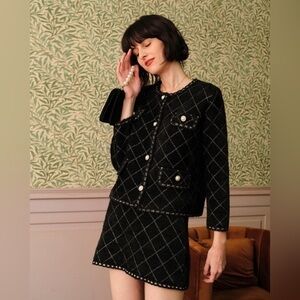 Rihoas fuzzy gold button cardigan & skirt set NWOT preppy retro style